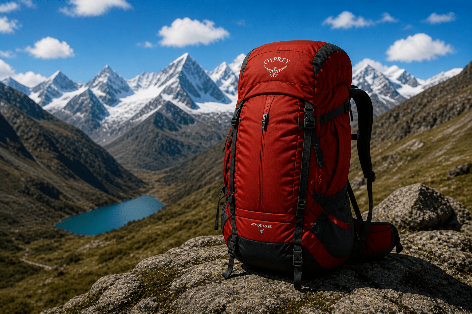 Trekking backpack rental in Huaraz with mountain landscape for Huayhuash and Santa Cruz trek