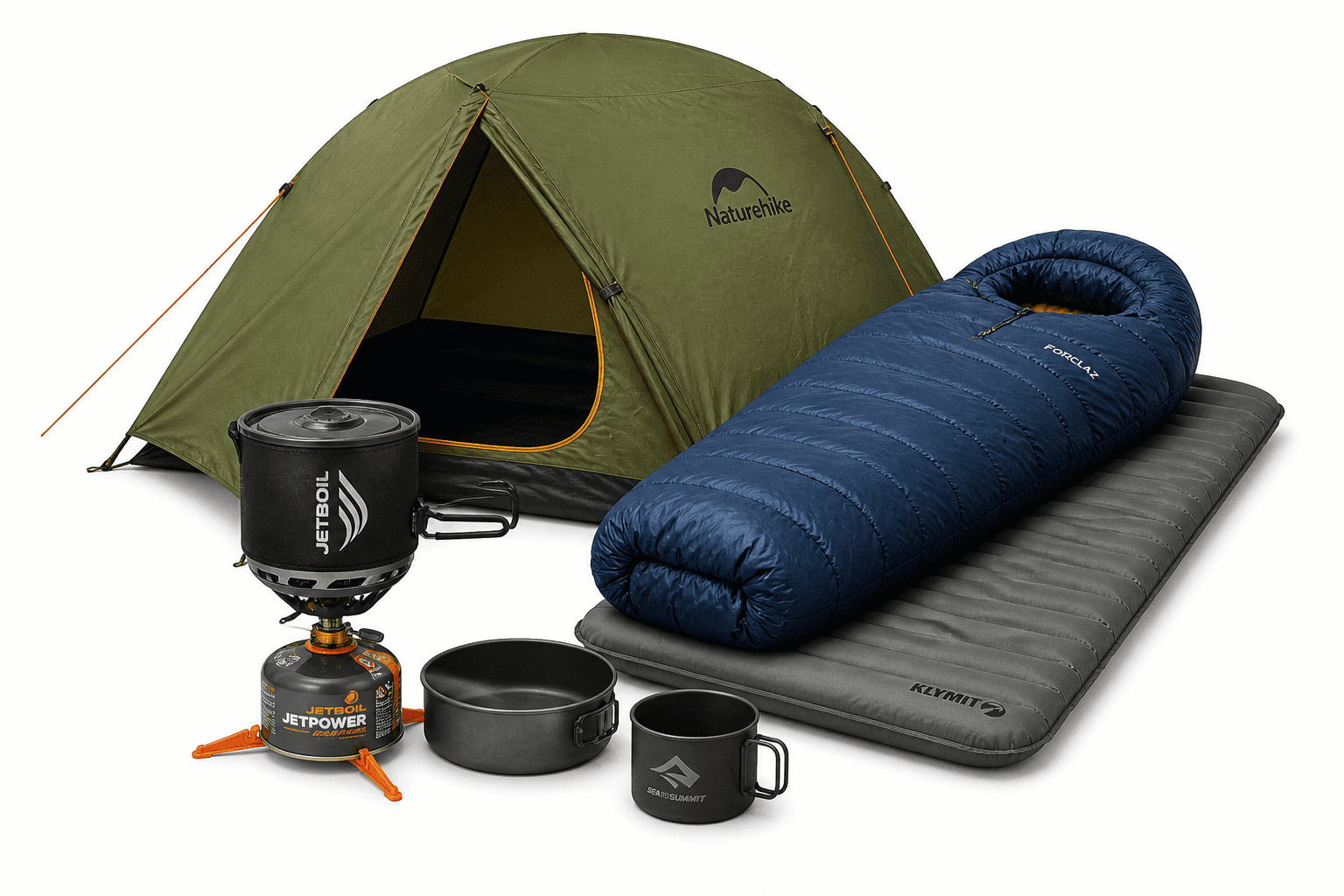 Camping gear rental pack in Huaraz including tent, sleeping bag, sleeping pad and cooking equipment for trekking in Peru
