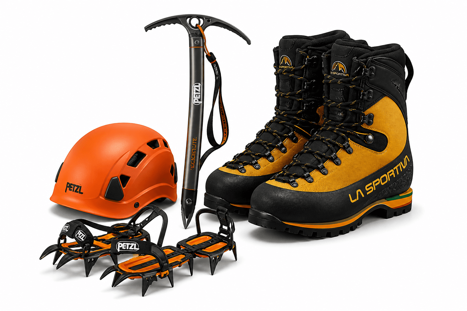 Full mountaineering gear rental pack in Huaraz including boots, helmet, crampons and ice axe for high mountain climbing in Peru