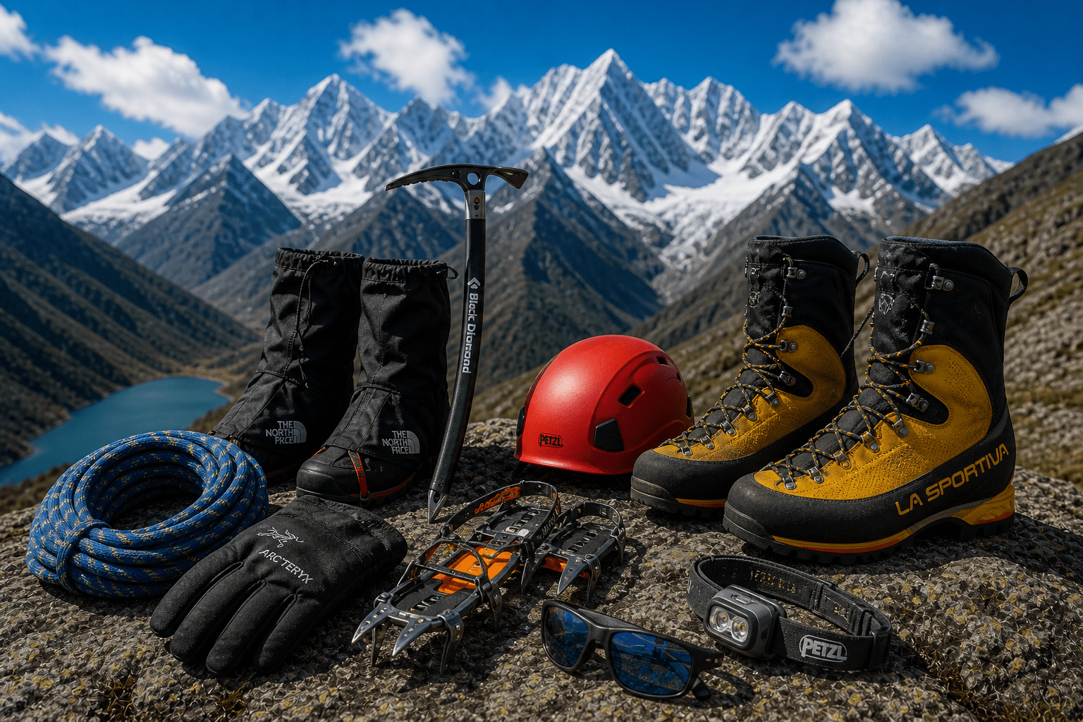 High mountain gear rental in Huaraz including crampons, ice axe, helmet and boots for mountaineering in Peru