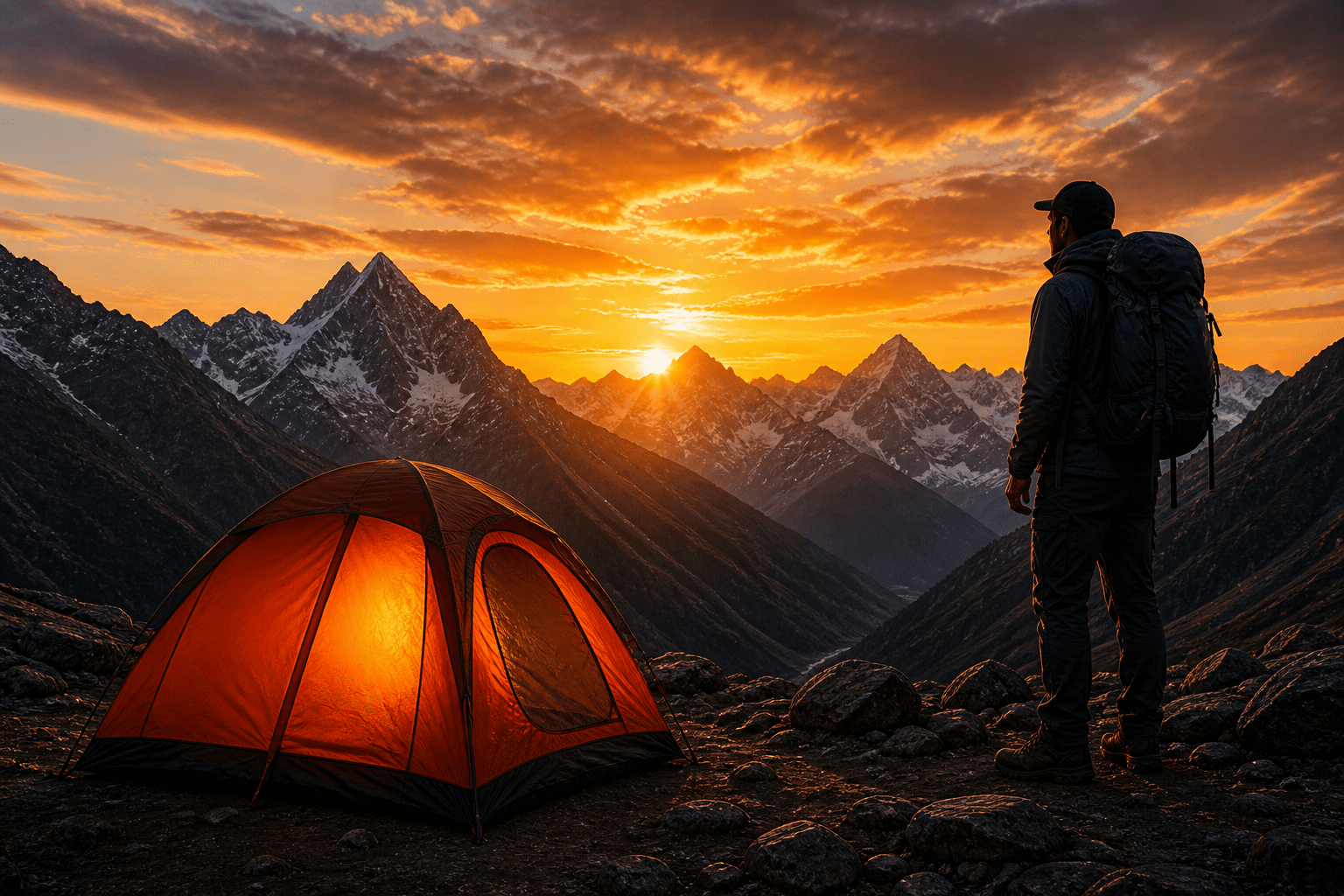 Trekking camping in Huayhuash Peru with tent and hiker at sunset